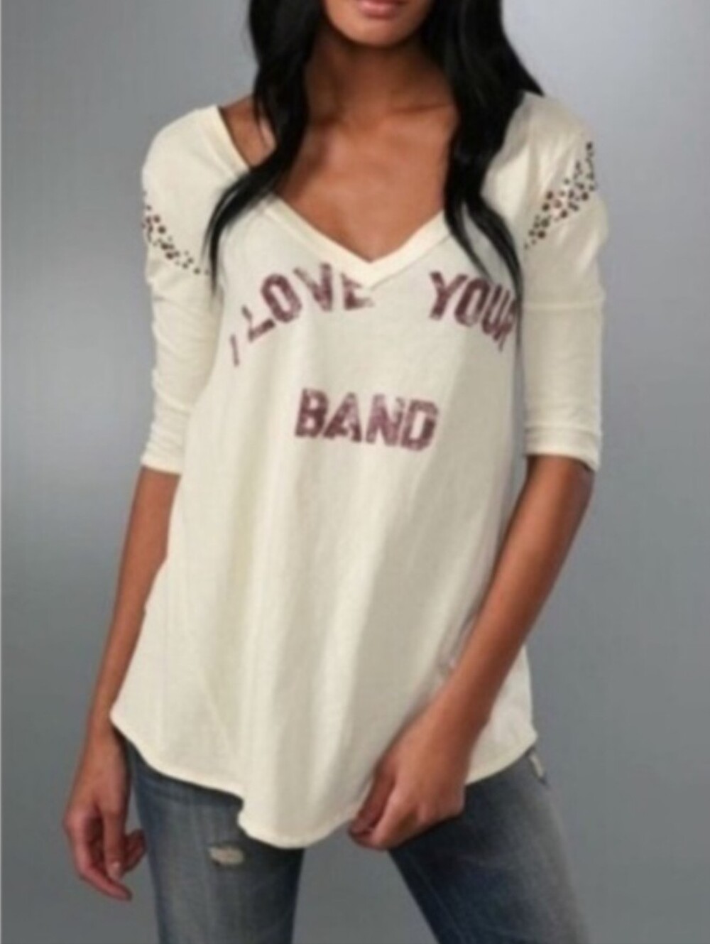 Graphic Scoop Neck Women’s Top - Cream with Distressed Black Print - Picture 3 of 16